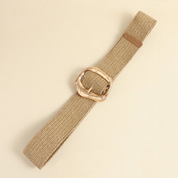 2/$30 Wide Woven Straw Belt Gold Tone Buckle Waist Cincher For Tunic Dress Coat - Picture 6 of 11